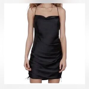 Zara Black Satin Mini Slip Dress with Spaghetti Straps